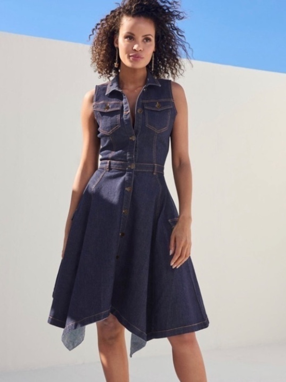 VENUS Dark Blue Denim Sleeveless Fit-and-Flare Button Up Midi Dress 2 NWT